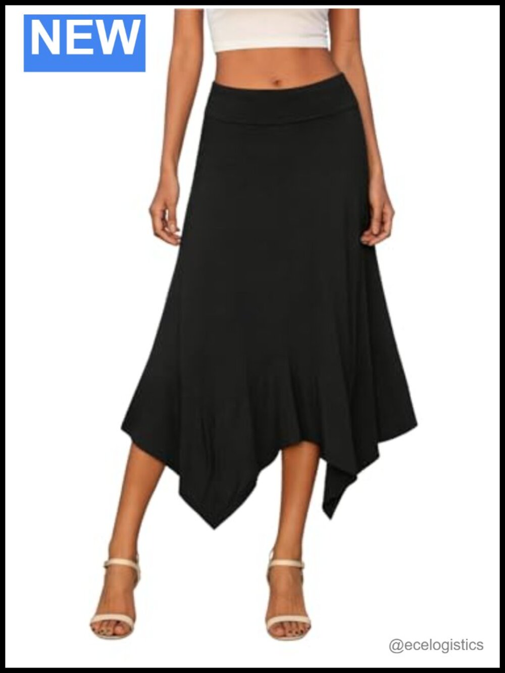 Stretchy Waist A-Line Midi Skirt Handkerchief Hem Flowy Flared Casual